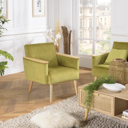 Fauteuil AGATHE - Velours vert clair et bois