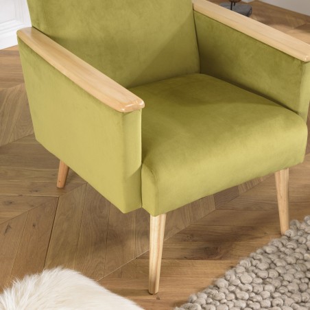 AGATHE Light Green Velvet Armchair - Wooden Legs & Armrests