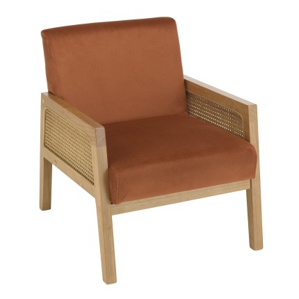 AGATHE Orange Velvet Armchair with Wooden Legs and Rattan Armrests