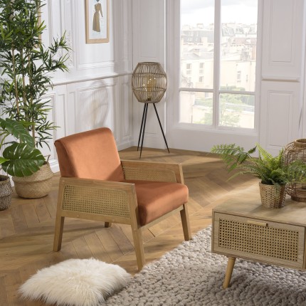 Fauteuil AGATHE velours orange et rotin