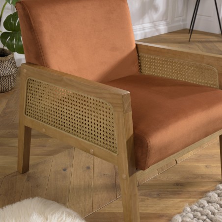 Fauteuil AGATHE velours orange et rotin