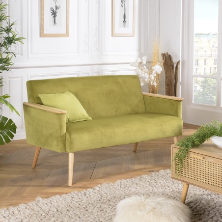 AGATHE Light Green Velvet 2-Seater Sofa - Wooden Legs & Armrests