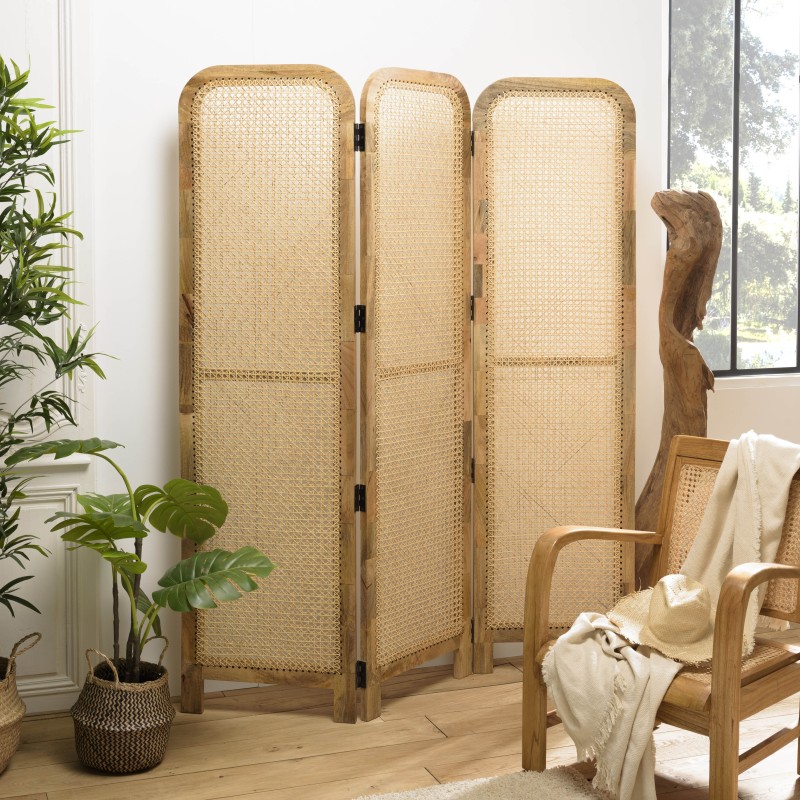 ISA Brown Mango Wood Screen with Natural-Colored Cane - 3-Panel Room Divider ISA Brown Mango Wood Screen with Natural-Colored Cane - 3-Panel Room Divider