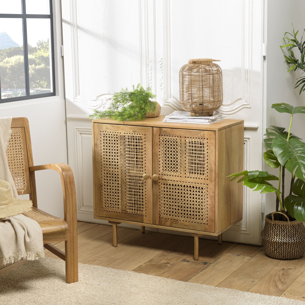 ISA Buffet - 2 Door Mango Wood Patchwork Caning Natural Color Metal Legs