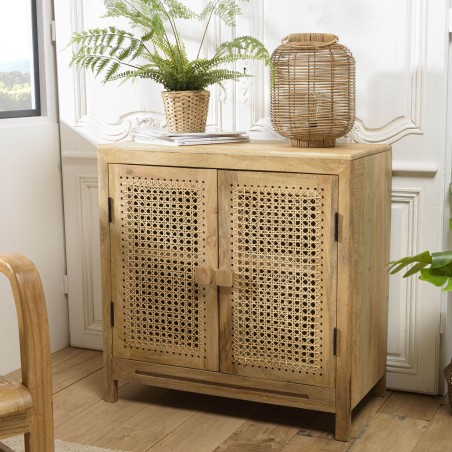 ISA - Buffet marron 2 portes bois de manguier et cannage