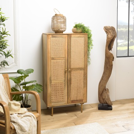 ISA Brown Tall Cabinet with 2 Doors | Mango Wood & Cane | Elegant Storage