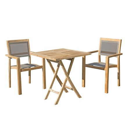 Salon de jardin en bois teck 2 pers - Table 70 cm et 2 fauteuils